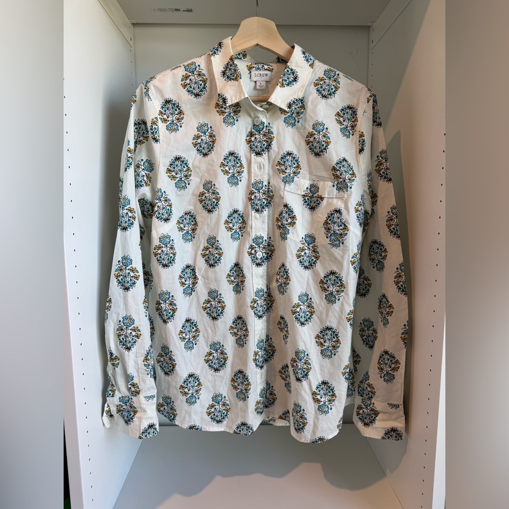 J. Crew White Button-Down Shirt with Blue and Yellow Floral Medallions